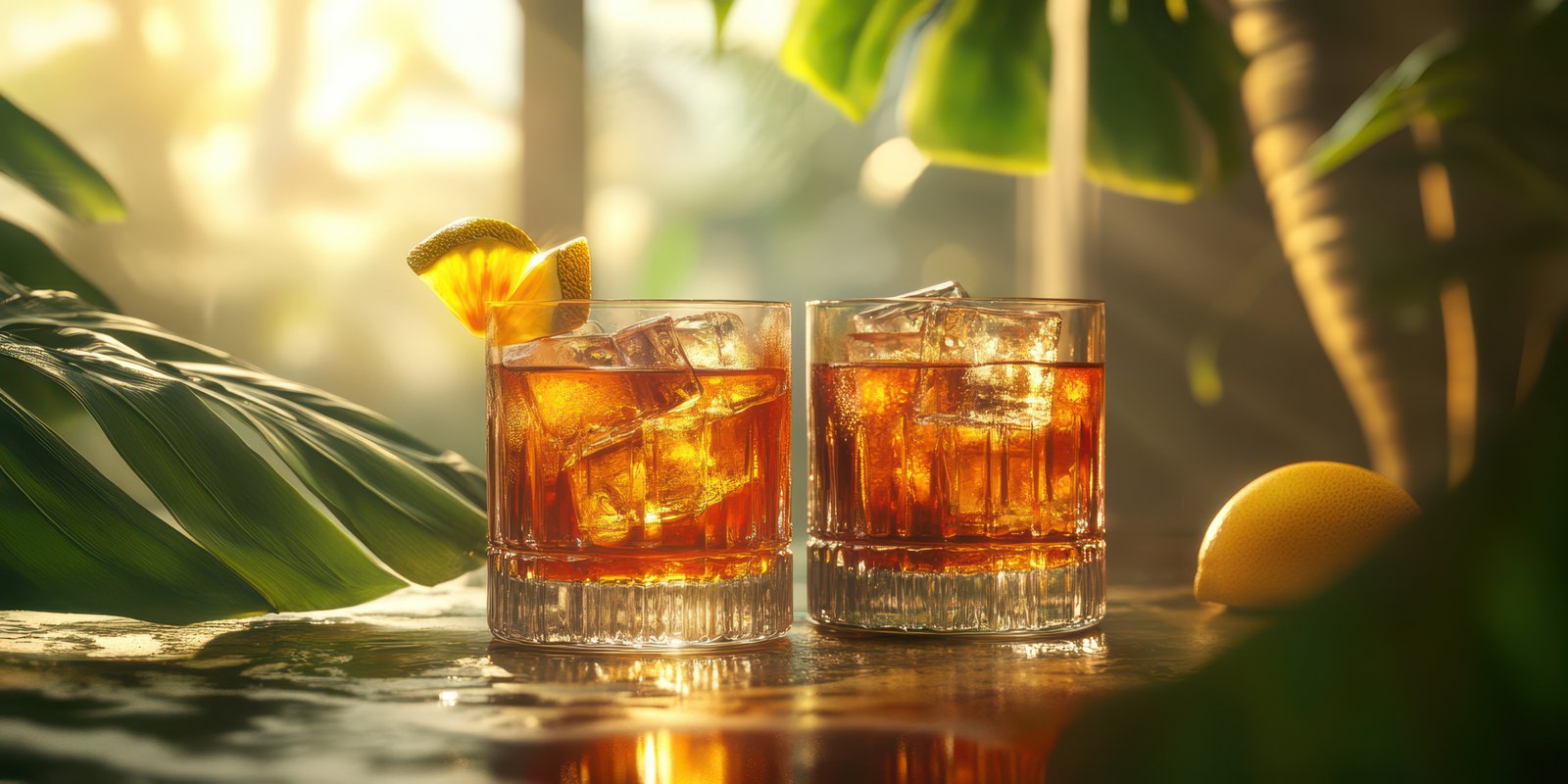 Two refreshing cocktails served with ice and lemon slices in a tropical setting during golden hour